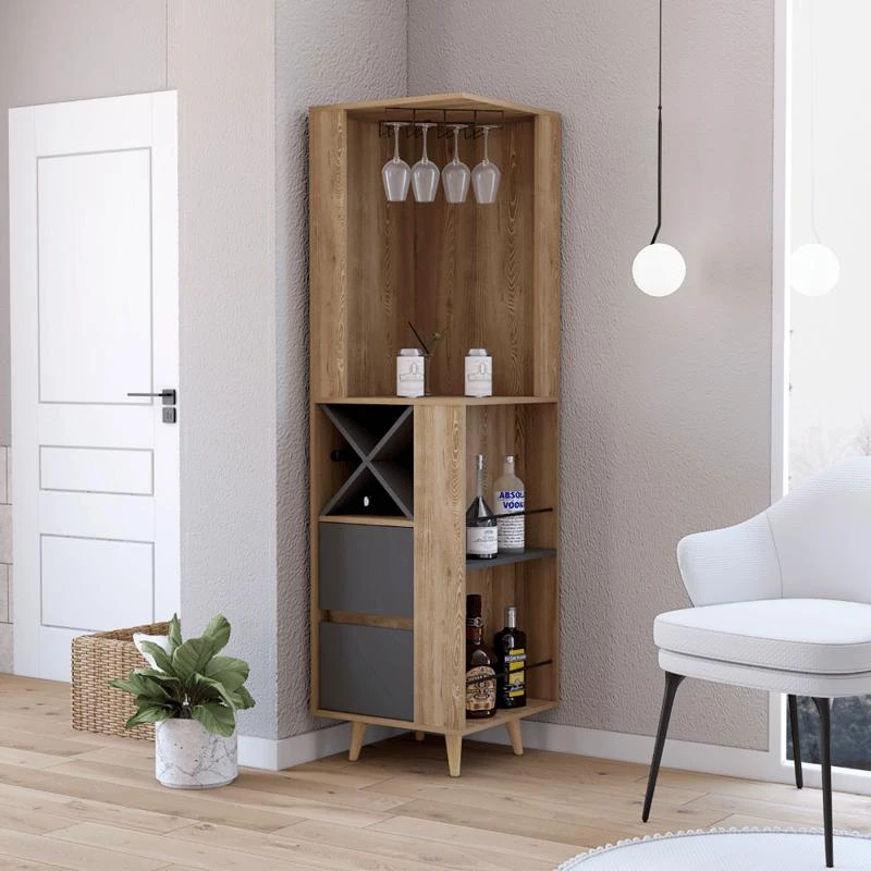 商品FM Furniture|Ziton Corner Bar Cabinet, Two External Shelves, Two Drawers, Four Wine Compartments,价格¥2427,第2张图片详细描述