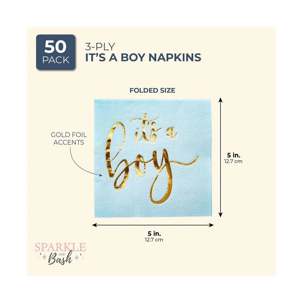 商品Sparkle and Bash|50 Pack Its a Boy Baby Shower Cocktail Napkins Party Supplies, Blue with Gold Foil Table Decorations (5 x.5 Inches),价格¥112,第2张图片详细描述