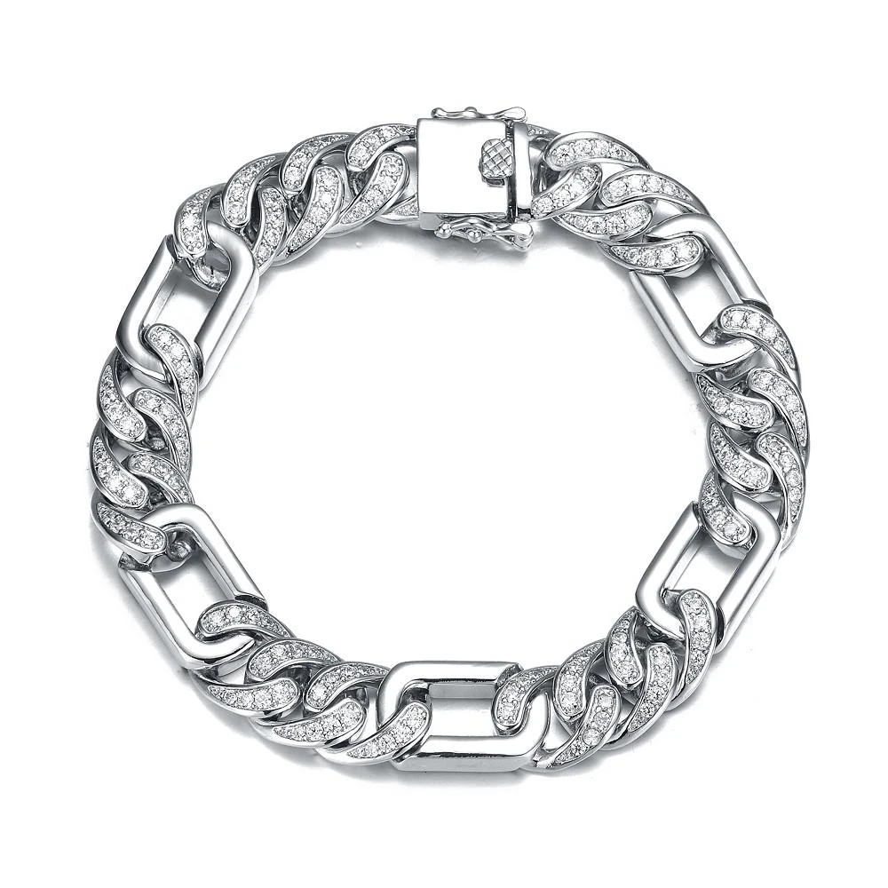 商品Genevive|Men's Sterling Silver White Gold Plated with Iced Out Cubic Zirconia Oblong Curb Chain Bracelet,价格¥1530,第1张图片