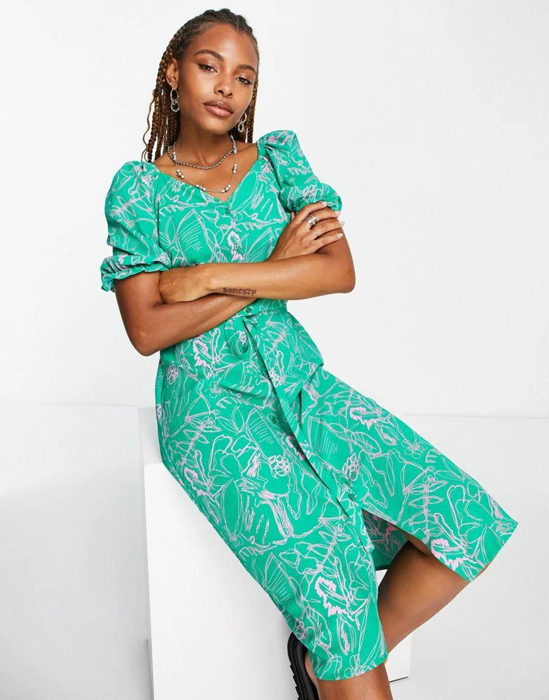 商品VERO MODA|Vero Moda short puff sleeve button down midi dress in green print,价格¥138,第3张图片详细描述