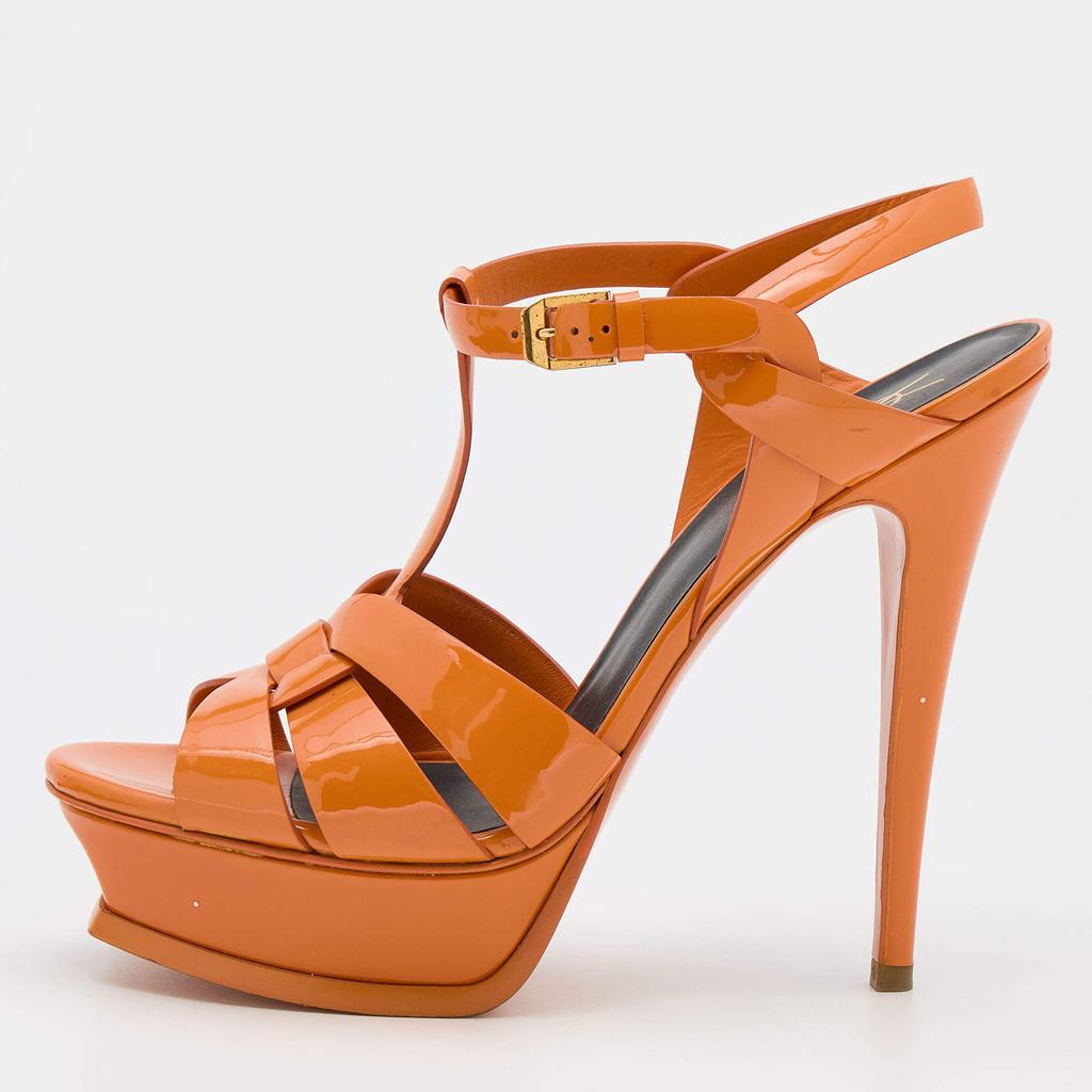 商品[二手商品] Yves Saint Laurent|Saint Laurent Orange Patent Leather Tribute Platform Sandals Size 39.5,价格¥3716,第1张图片
