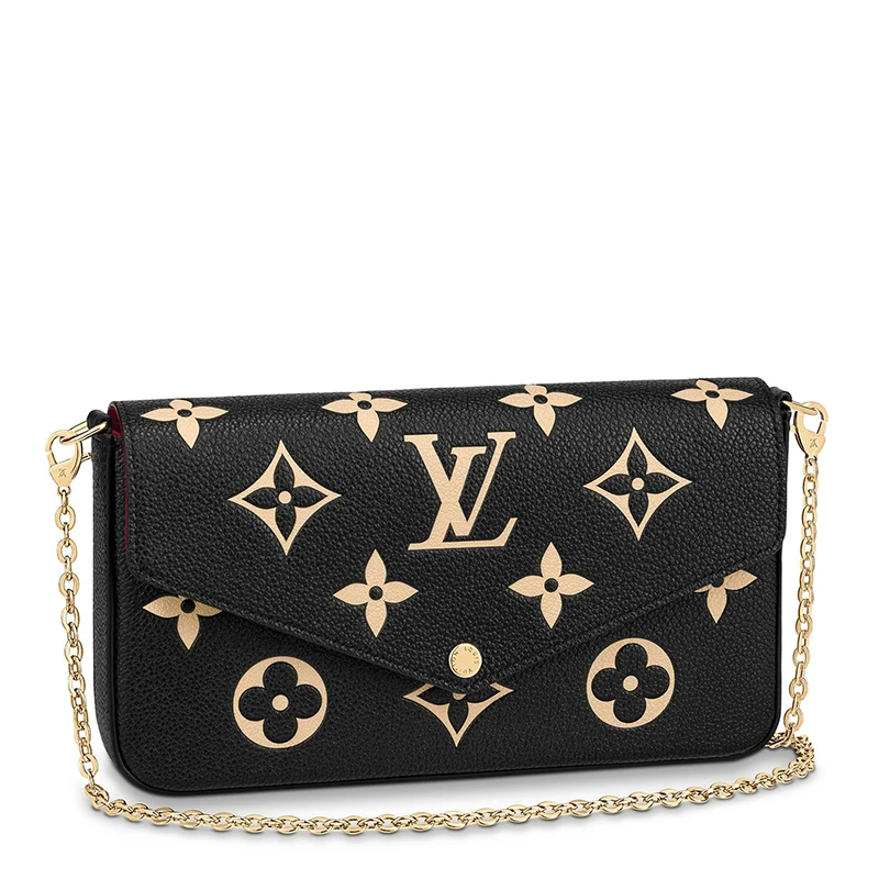 商品Louis Vuitton|路易威登 22春夏新款FÉLICIE系列 女士黑色粒面牛皮革奶白色老花印花金扣金链配可拆卸贴袋翻盖开合单肩斜挎手拿链条信封包M80482,价格¥12166,第1张图片