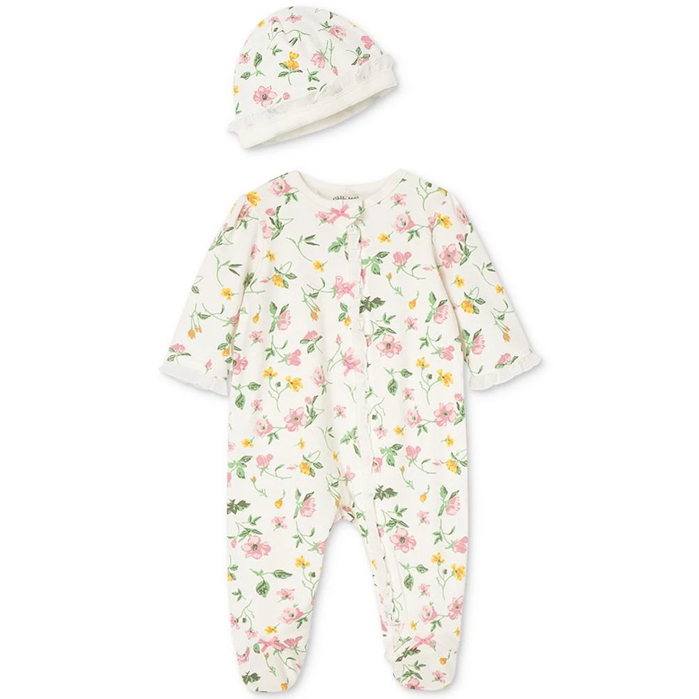 商品Little Me|Baby Girls Floral Footed Coverall and Hat, 2 Piece Set,价格¥96,第1张图片