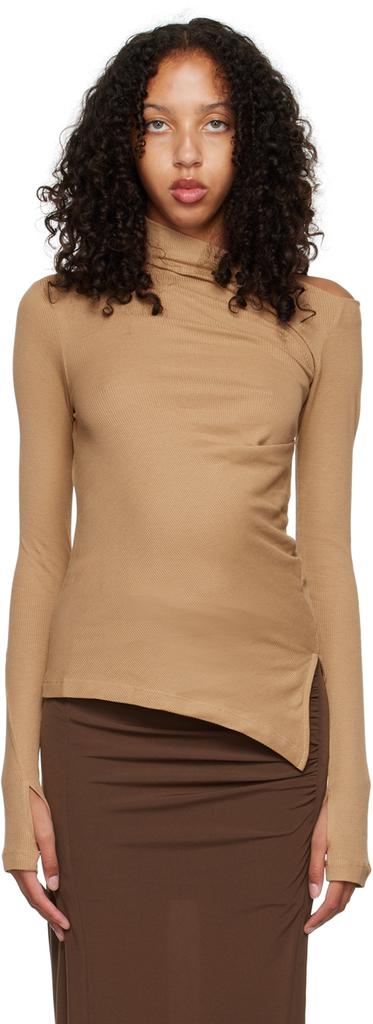Beige Asymmetric Long Sleeve T-Shirt商品第1张图片规格展示