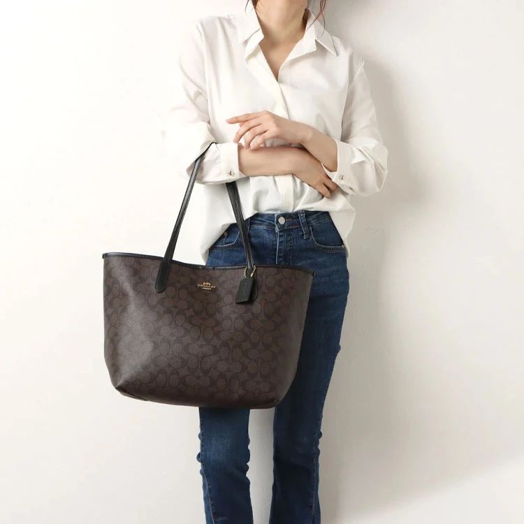 商品[国内直发] Coach|蔻驰 City 33 经典老花徽标Logo 帆布配皮 托特包Tote包购物袋手提包单肩包 大号 女款 深棕色,价格¥1938,第4张图片详细描述