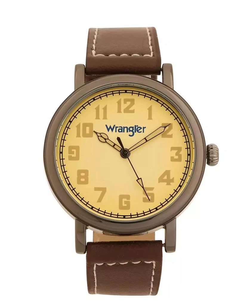 商品Wrangler|Men's Watch, 50MM Antique Grey Case with Beige Dial, White Arabic Numerals, with White Hands, Brown Strap with White Stitching, Over Sized Crown,价格¥271,第1张图片