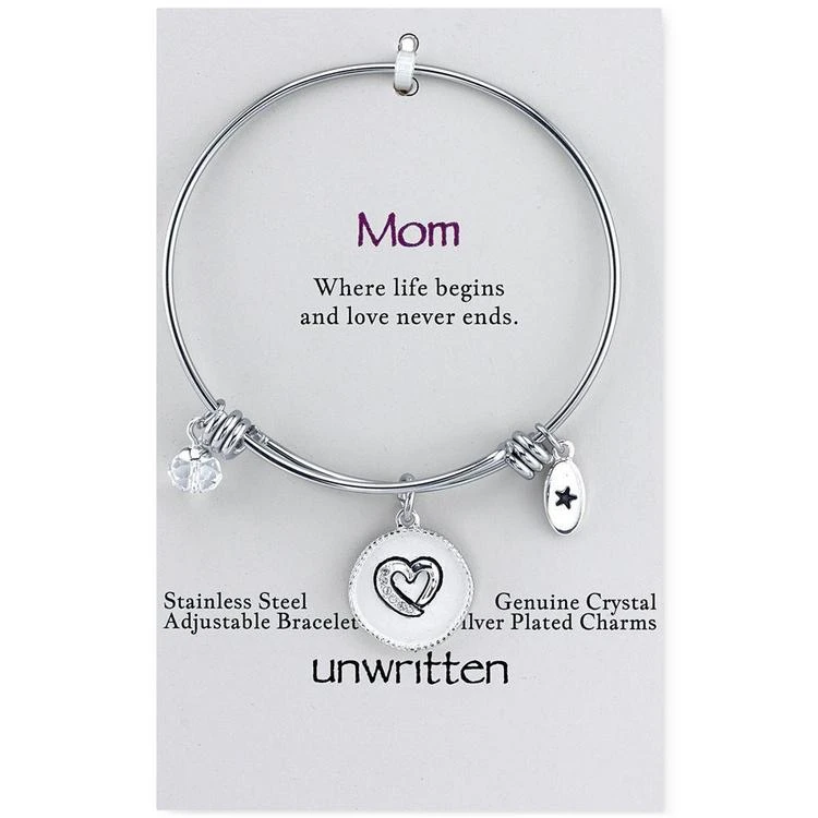 商品Unwritten|Crystal Accented Mom Heart Charm Adjustable Bangle Bracelet in Stainless Steel,价格¥105,第1张图片