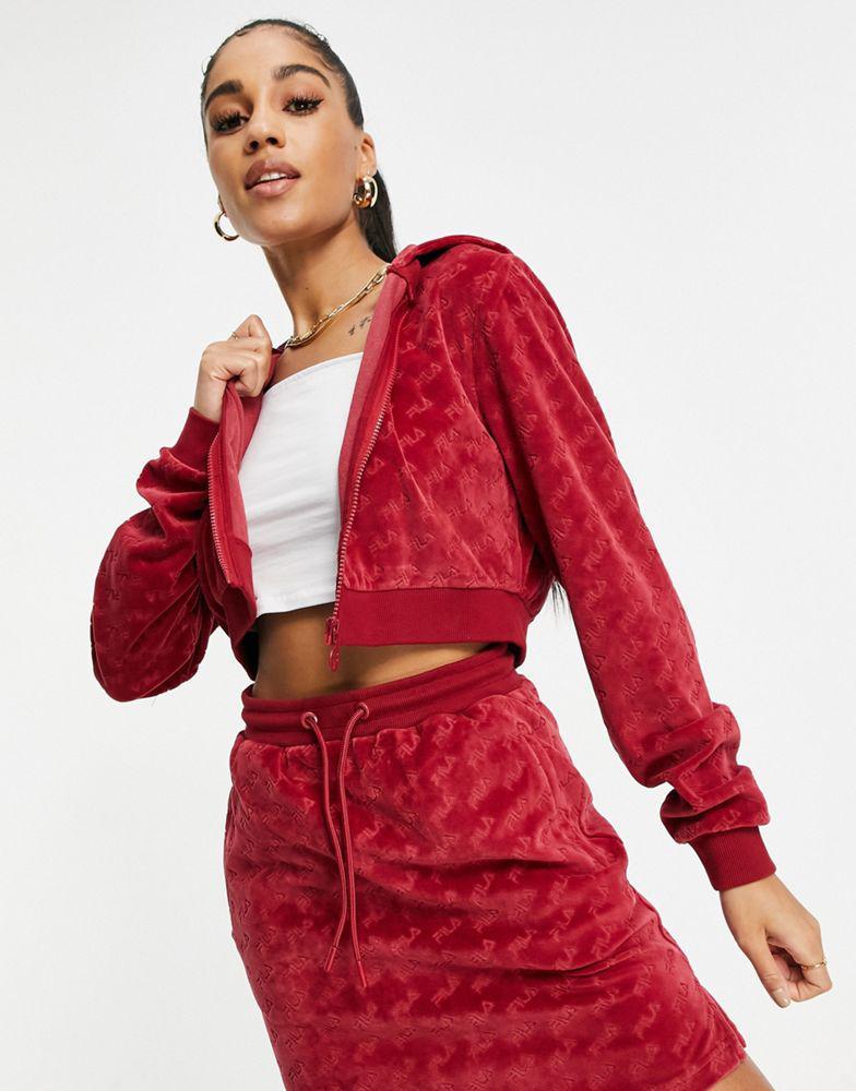 商品Fila|Fila velour all over print cropped zip through hoodie in red,价格¥206,第1张图片
