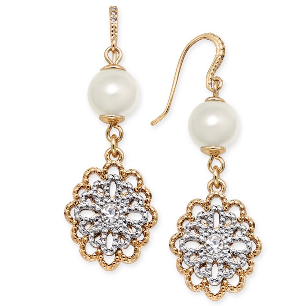 Two-Tone Crystal Filigree & Imitation Pearl Drop Earrings, Created for Macy's商品第1张图片规格展示