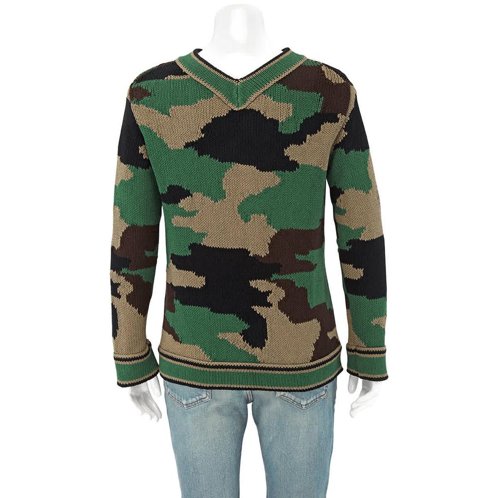 Burberry Camouflage Intarsia Cotton V-neck Sweater, Size X-Large商品第3张图片规格展示