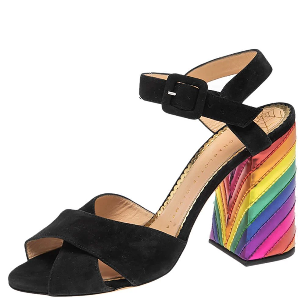 商品[二手商品] Charlotte Olympia|Charlotte Olympia Black Suede  Block Heel Ankle Strap Sandals Size 38.5,价格¥1071,第1张图片