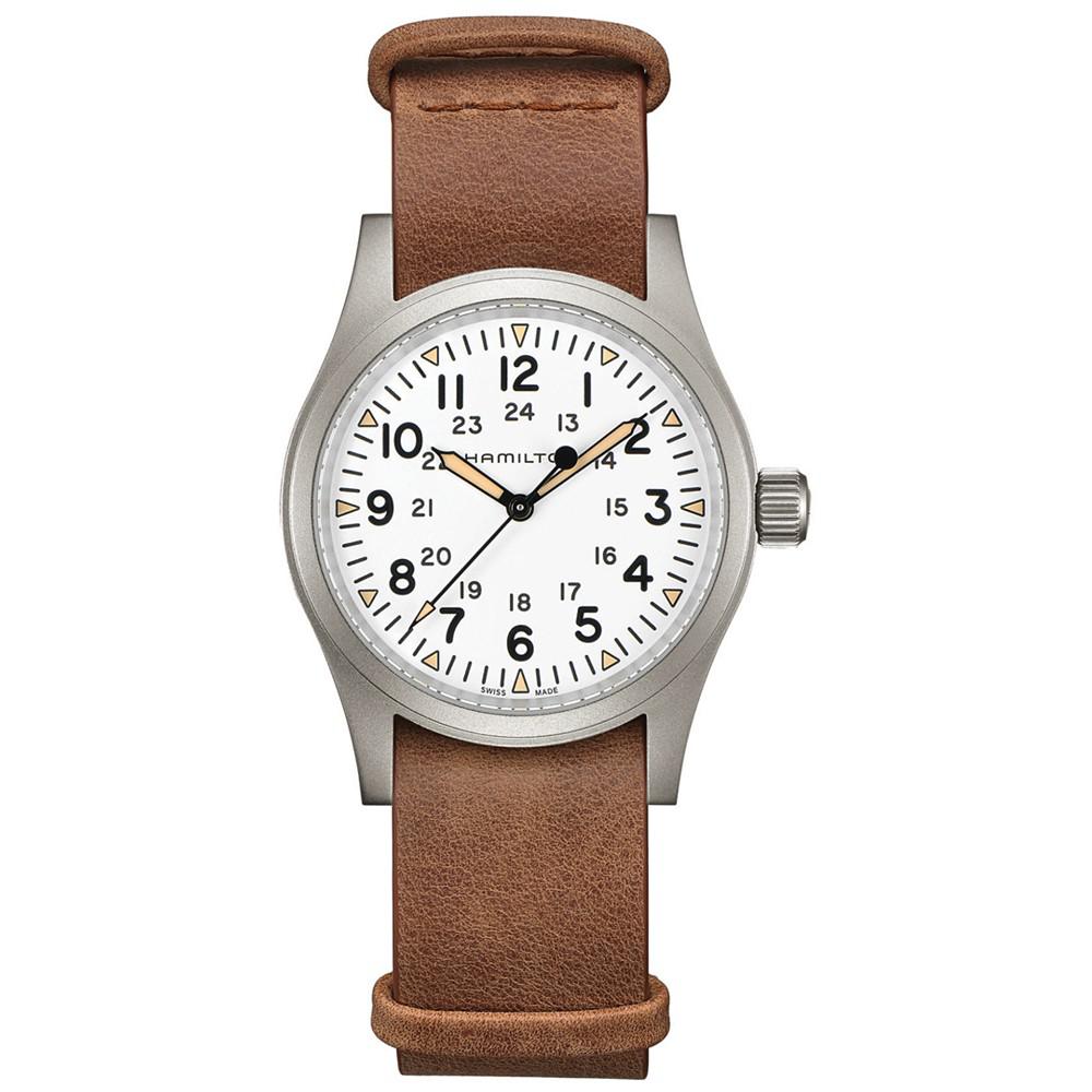 Men's Swiss Mechanical Khaki Field Brown Leather Strap Watch 38mm商品第1张图片规格展示