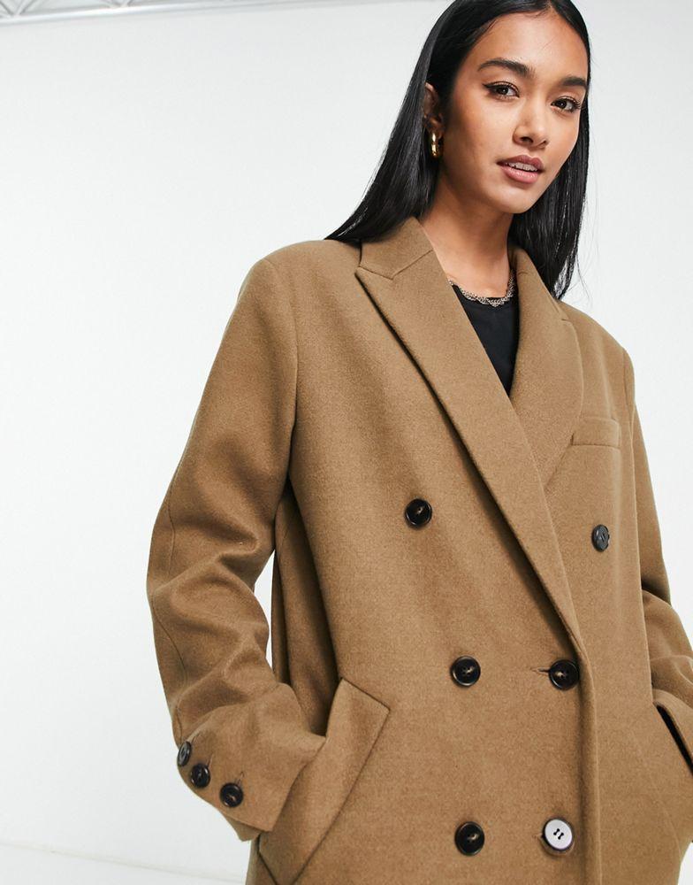 Topshop double breasted long coat in dark camel商品第3张图片规格展示