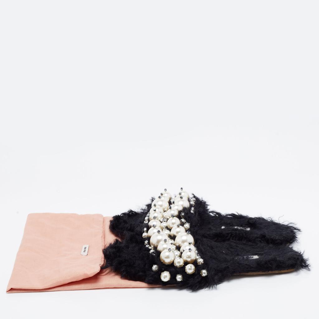 Miu Miu Black Faux Fur Pearl Embellished Slide Flats Size 38商品第8张图片规格展示