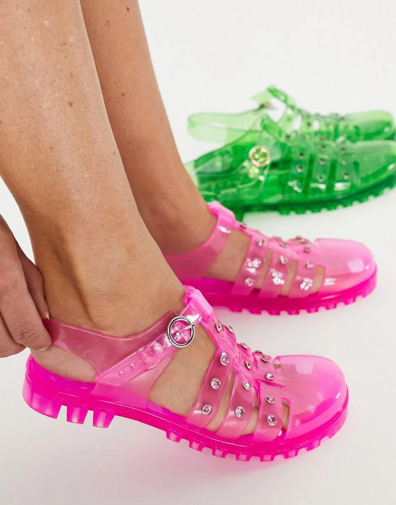商品ASOS|ASOS DESIGN Mackenzie gem fisherman jelly flat shoes in pink,价格¥84,第1张图片