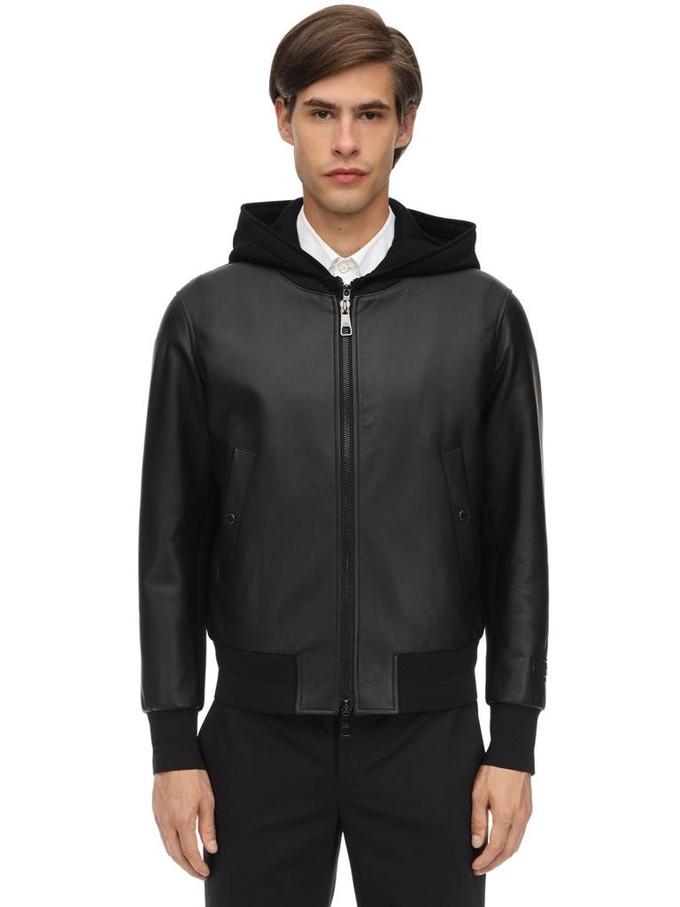 Hooded Leather Bomber Jacket商品第5张图片规格展示