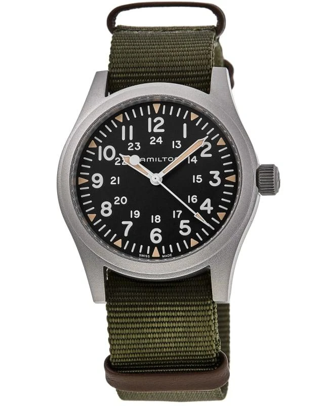 商品Hamilton|Hamilton Khaki Field Mechanical 42mm Manual Winding Black Dial Green Textile Strap Men's Watch H69529933,价格¥3889,第1张图片