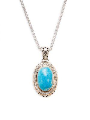 Sterling Silver, 18K Yellow Gold, Turquoise & White Sapphire Pendant Necklace商品第1张图片规格展示