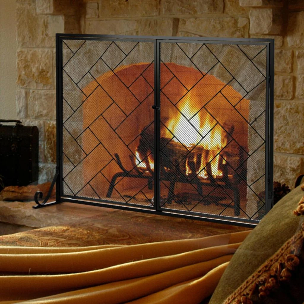 商品Hivvago|3-Panel Folding Wrought Iron Fireplace Screen with Doors and 4 Pieces Tools Set-Black,价格¥1235,第2张图片详细描述