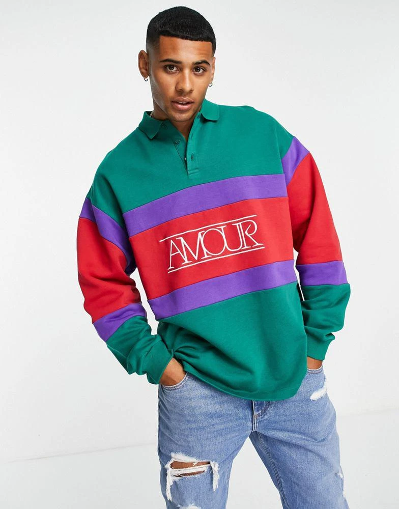 商品ASOS|ASOS DESIGN oversized rugby sweatshirt with colour block detail and text print,价格¥156,第1张图片