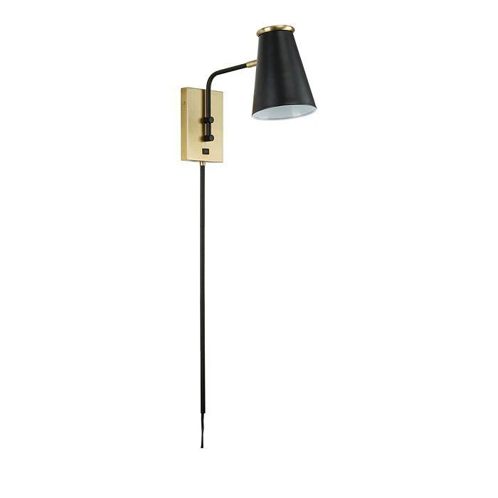 商品JAlexander|Modern 13" Matte Black Plug In Wall Sconce with Antique Brass Accents and Cord Covers,价格¥657,第1张图片