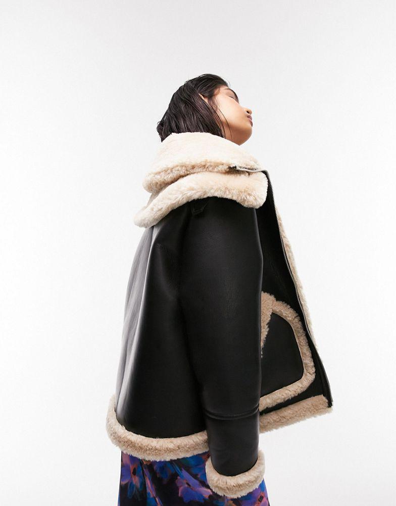 Topshop faux shearling oversized aviator jacket with double collar detail in black商品第4张图片规格展示