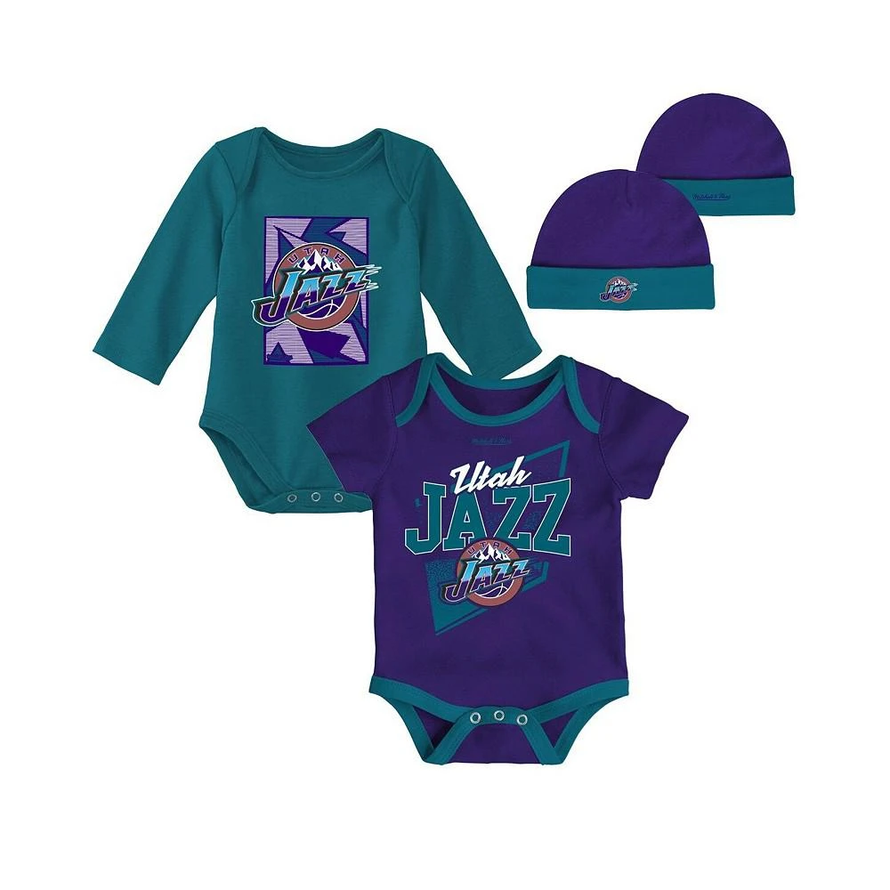 商品Mitchell & Ness|Newborn and Infant Boys and Girls Purple, Turquoise Utah Jazz 3-Piece Hardwood Classics Bodysuits and Cuffed Knit Hat Set,价格¥299,第1张图片