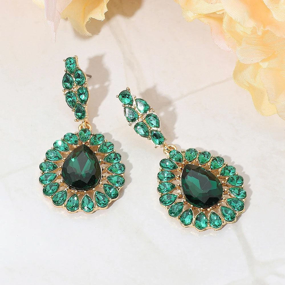 商品FASHNZFAB|Teardrop Stone Accent Dangle Evening Earrings - Emerald, Gold,价格¥195,第1张图片
