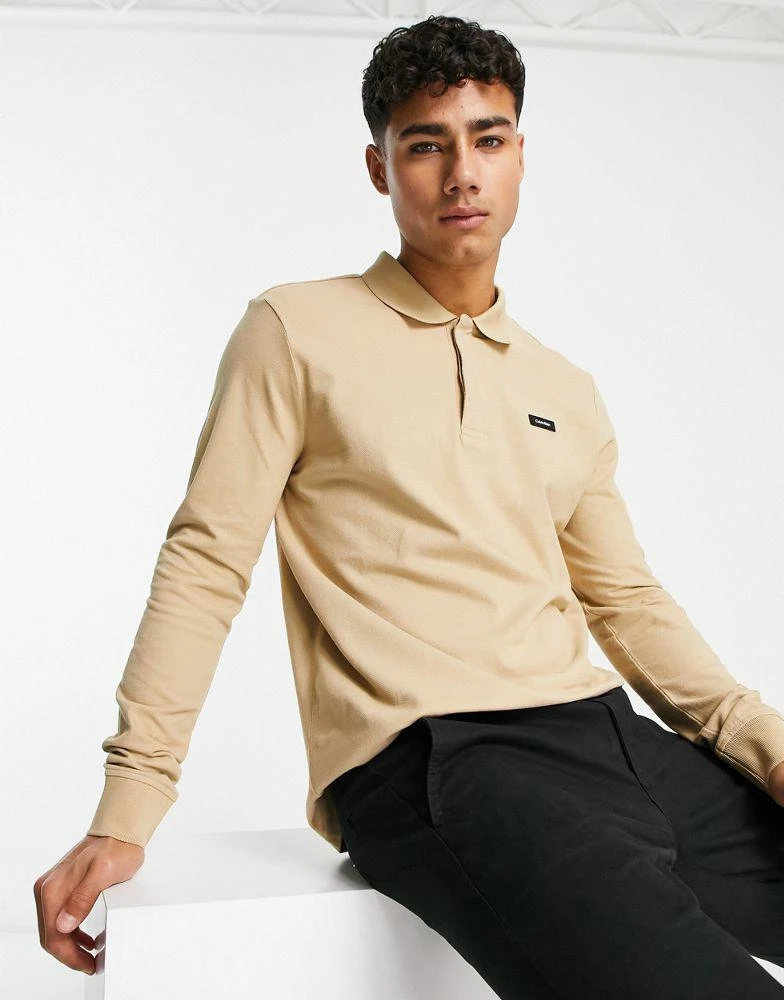 商品Calvin Klein|Calvin Klein long sleeve pique polo in beige,价格¥479,第1张图片