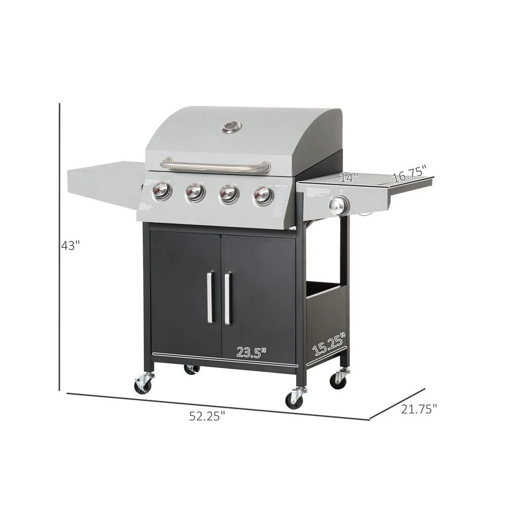 商品Outsunny|4+1 Burner Liquid Propane Gas Grill Outdoor Cabinet Style BBQ Trolley w/ Side Burner, Warming Rack, Side Shelf, Storage Cabinet, Thermometer, 4 Wheels, Carbon Steel, Silver,价格¥2876,第2张图片详细描述