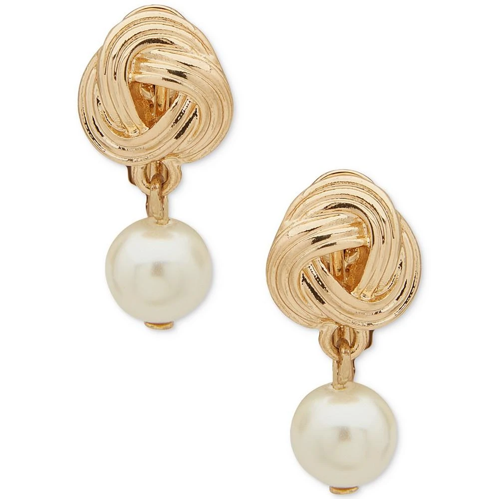 商品Anne Klein|Gold-Tone Textured Knot & Imitation Pearl Clip-On Drop Earrings,价格¥92,第1张图片