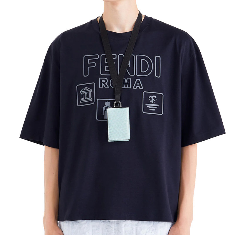 【预售3-7天】FENDI/芬迪 22年早春新款 男士深蓝色纯棉对比色Logo Icon图案短袖T恤FY1129AIFVF0QG3商品第4张图片规格展示