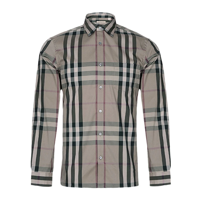 商品Burberry|BURBERRY OUTLETS 博柏利奥莱 棕绿色混合材质格纹男士长袖衬衫 3983543,价格¥1832,第1张图片