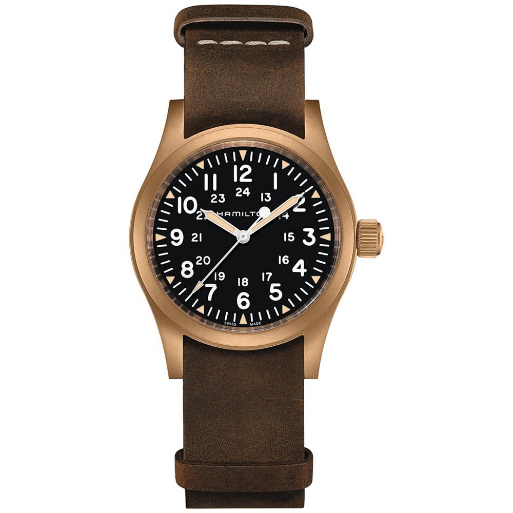 Men's Swiss Mechanical Khaki Field Brown Leather Strap Watch 38mm商品第1张图片规格展示