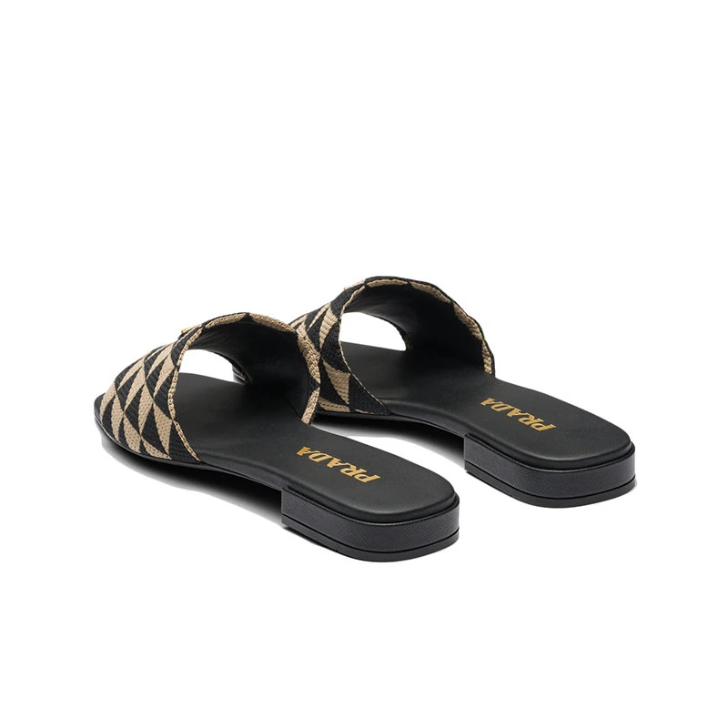 【预售3-7天】PRADA/普拉达  女士黑色/米黄色织物三角印花拖鞋凉拖1XX637_3LK6_F0Y30_F_010 商品