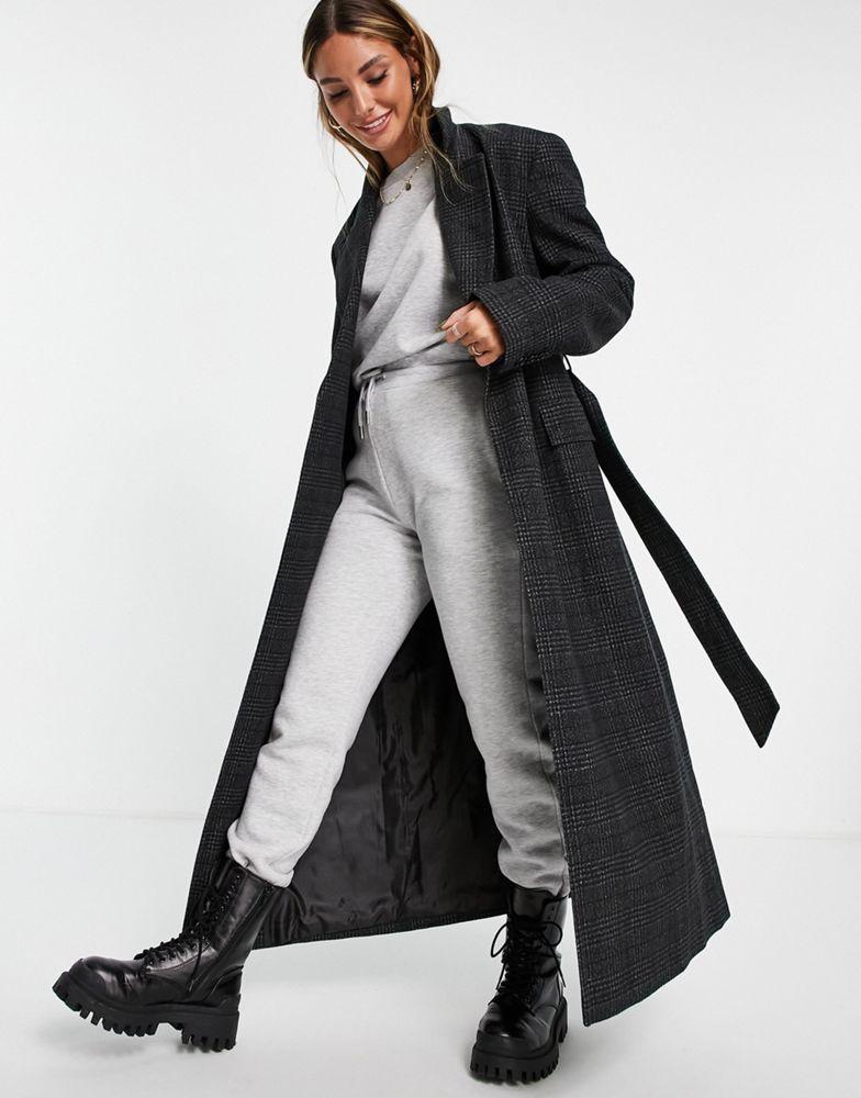 商品Topshop|Topshop wrap belted maxi coat in charcoal check,价格¥857,第6张图片详细描述
