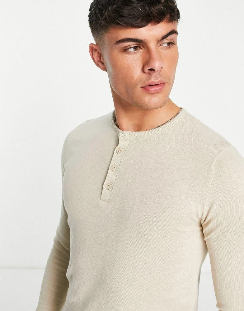 商品ASOS|ASOS DESIGN knitted cotton jumper with grandad neck in oatmeal,价格¥109,第2张图片详细描述