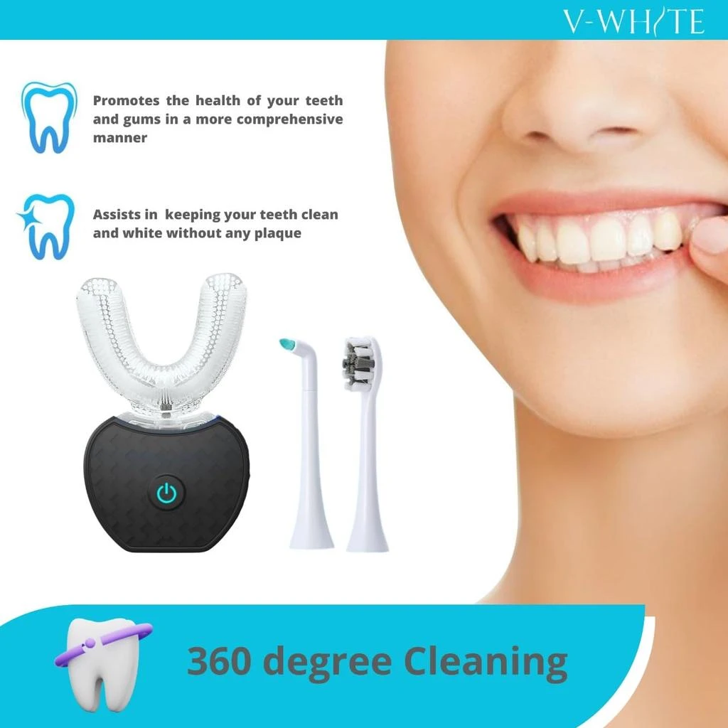 商品V-WHITE|V-WHITE Ultrasonic U-Shaped Toothbrush for Teeth Whitening, Electric Toothbrush For Adults - 360° Mouth Cleansing, Hands Free Gums Protection - Wireless Charging & LED Light -Waterproof IPX7 Certified,价格¥237,第4张图片详细描述