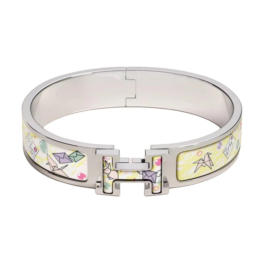 商品[国内直发] Hermes|爱马仕 标徽图案设计 镀钯 珐琅 手镯 女款 银色,价格¥5711,第1张图片