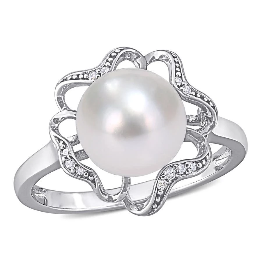 商品Amour|9-9.5mm Freshwater Cultured Pearl and Diamond-Accent Floral Cocktail Ring in Sterling Silver,价格¥409,第1张图片