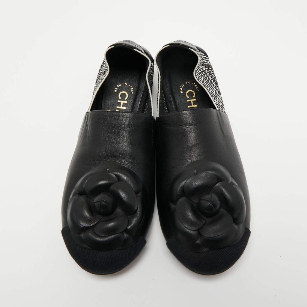 Chanel Two Tone Leather and Elastic Cap Toe Camellia Flower Ballet Flats Size 37商品第3张图片规格展示