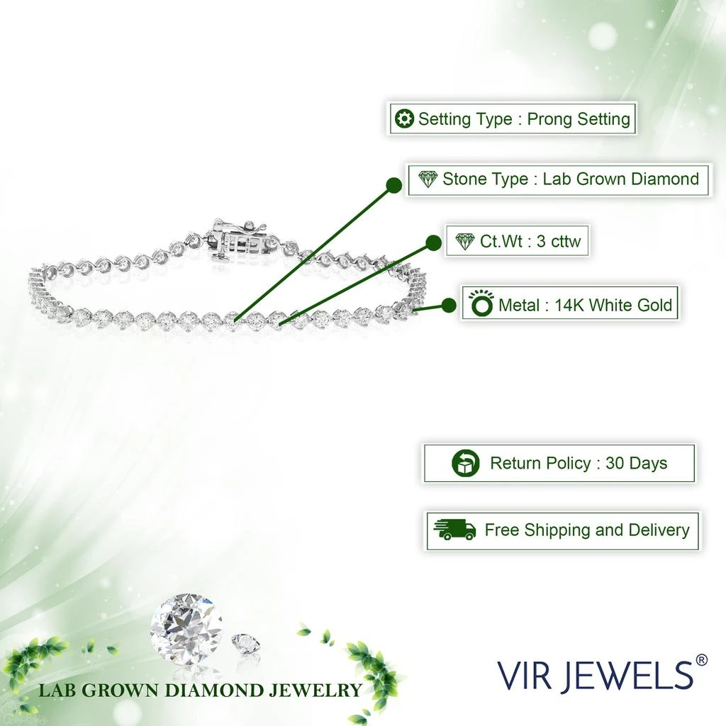 商品Vir Jewels|3 cttw 53 Stones Round Cut Lab Grown Diamond Bracelet 14K White Gold Prong Set 7 Inch,价格¥13346,第3张图片详细描述