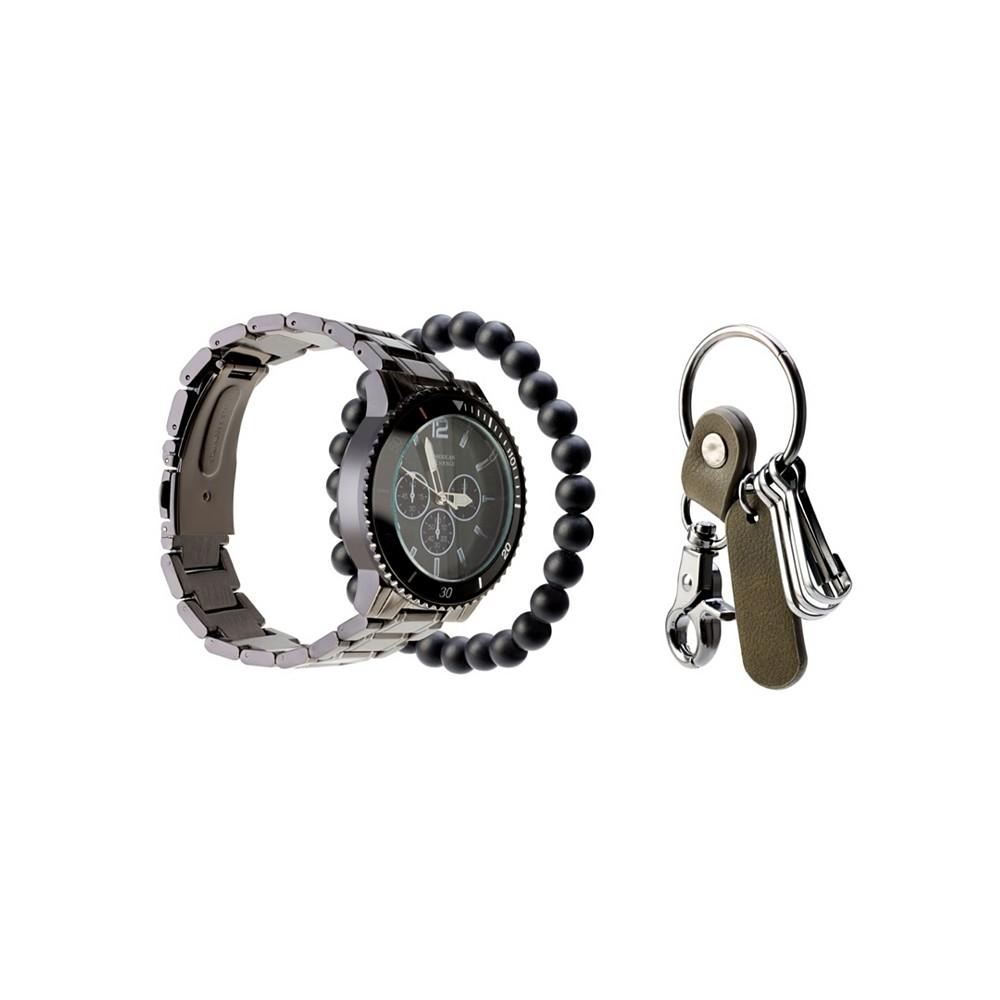 Men's Quartz Movement Gunmetal Bracelet Analog Watch, 46mm and Keychain with Bracelet and Zippered Travel Pouch商品第2张图片规格展示