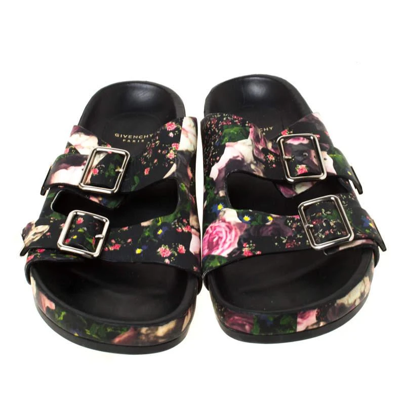 商品[二手商品] Givenchy|Givenchy Multicolor Floral Print Leather Double Buckle Banded Flat Slides Size 38,价格¥2312,第3张图片详细描述