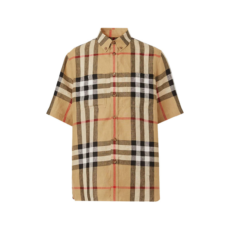 【预售3-7天】BURBERRY/博柏利 22年秋冬新款 男士米色亚麻格纹利落领尖扣衣领短袖衬衫80510731商品第1张图片规格展示