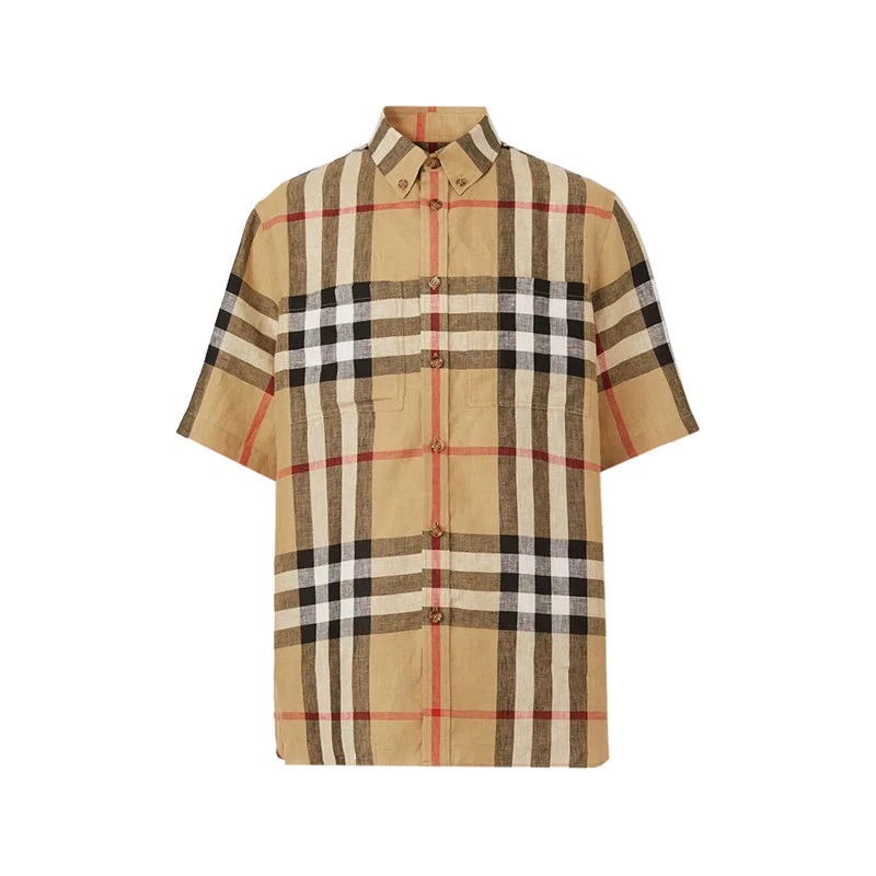 商品Burberry|【预售3-7天】BURBERRY/博柏利 22年秋冬新款 男士米色亚麻格纹利落领尖扣衣领短袖衬衫80510731,价格¥4021,第1张图片