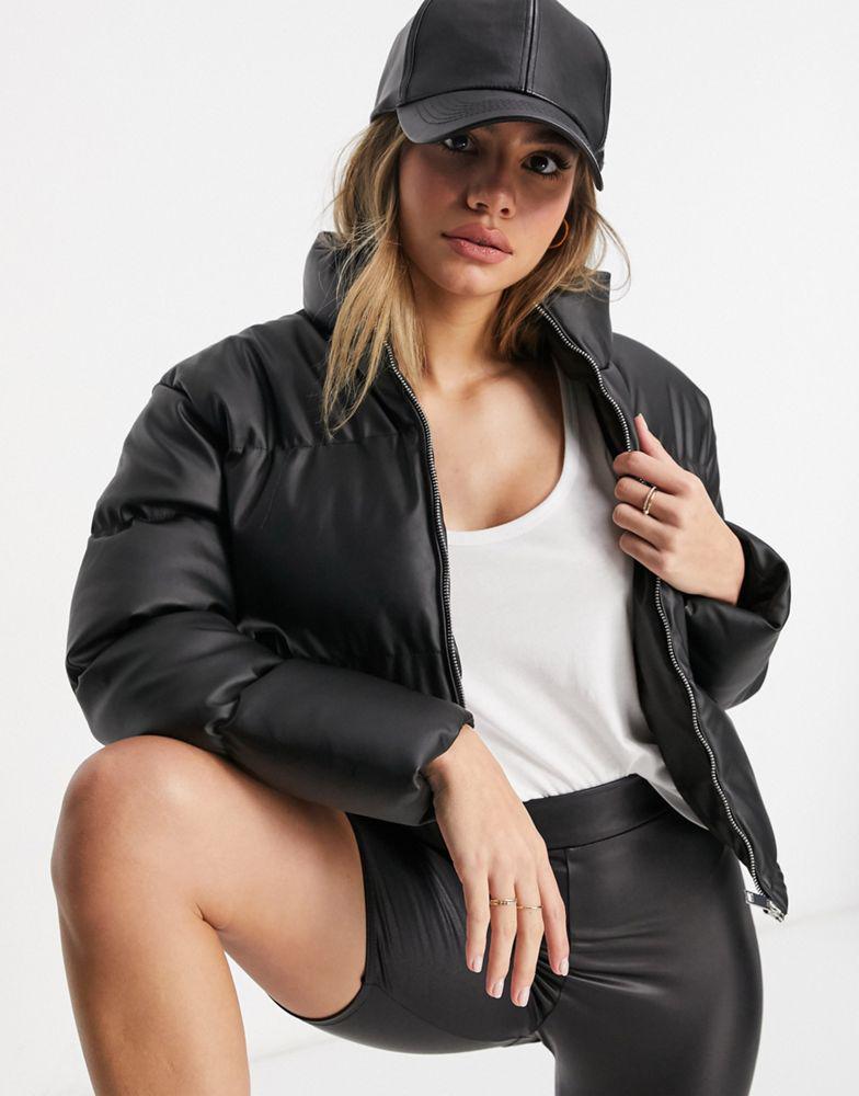 Brave Soul tropic faux leather puffer jacket in black商品第3张图片规格展示