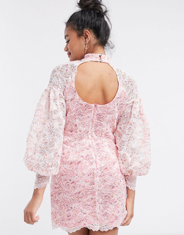 River Island lace volume sleeve mini dress in pink商品第2张图片规格展示