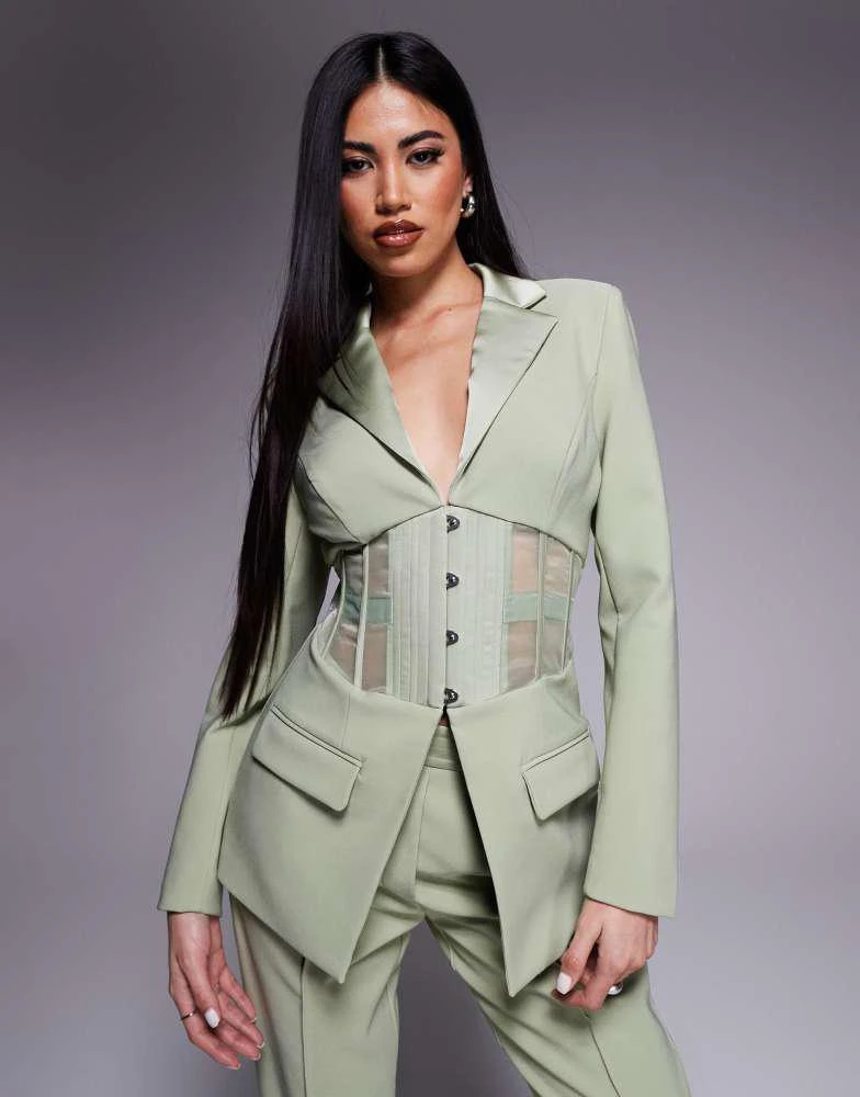 商品Lavish Alice|Lavish Alice sheer satin mix corset blazer co-ord in sage green,价格¥1302,第1张图片