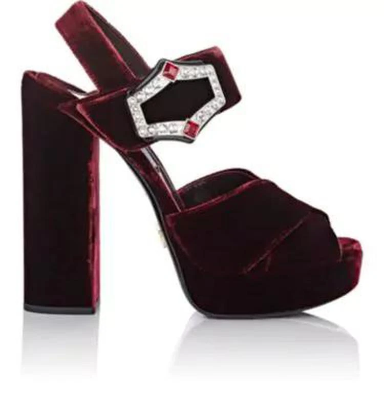 商品Prada|Jeweled-Buckle Velvet Platform Sandals,价格¥2967,第1张图片